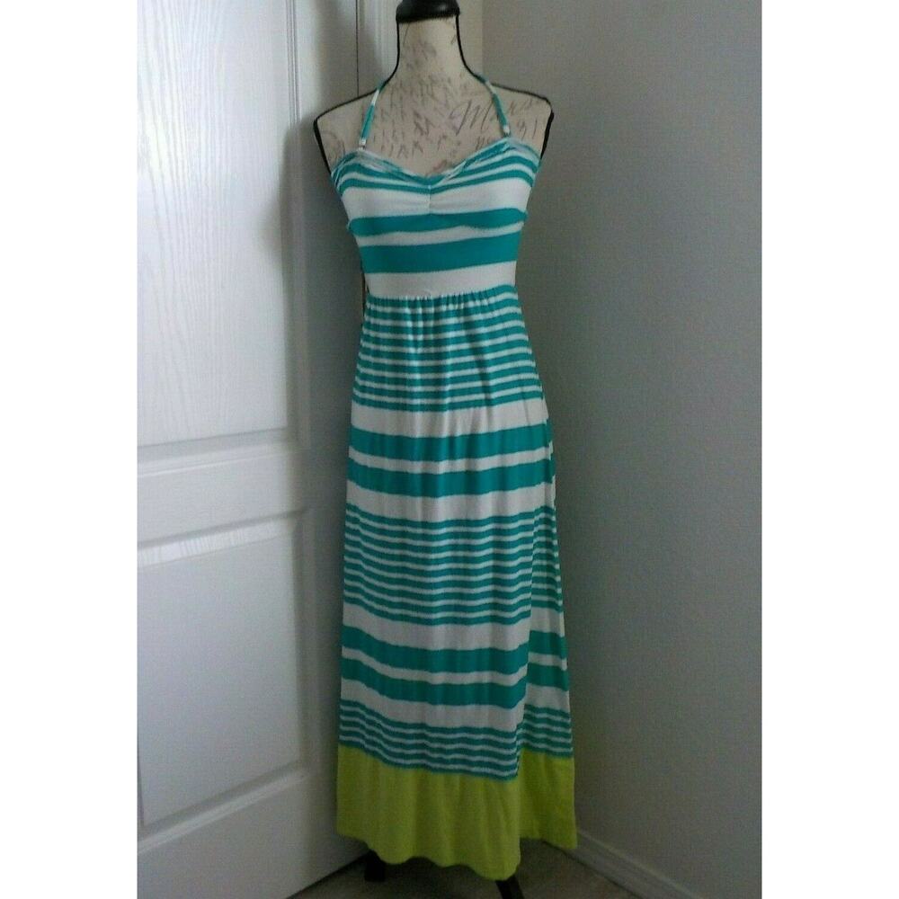 Aeropostale Maxi Halter Dress Women Small Resort Green Stripe Tie Bow Stretch